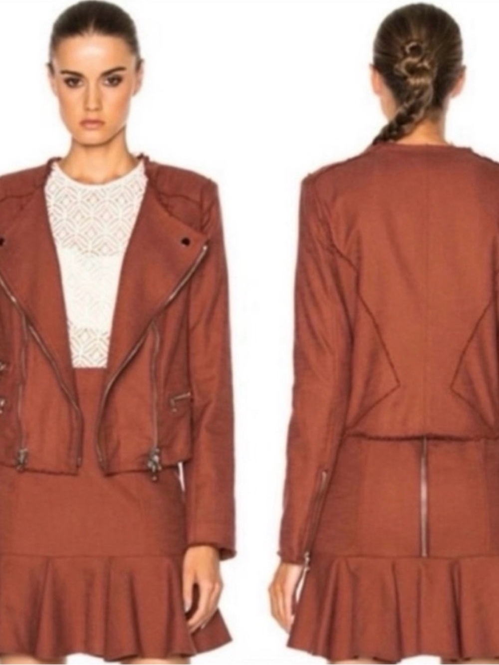Veronica Beard Rust Cropped Moto Jacket
